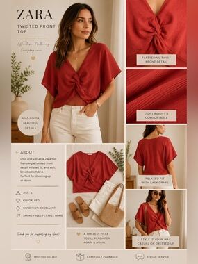 Zara Red Twisted Front Short Sleeve Top